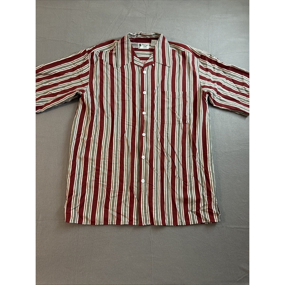 Vintage Silk Brand Short Sleeve Button Down Maroon Stripe Men's Medium 100% Silk